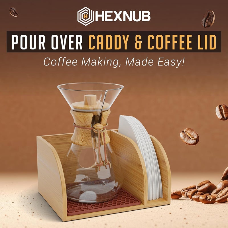 HEXNUB Caddy and Lid for Pour Over Coffee Maker, Bamboo Stand fits Chemex, Bodum, Cosori Carafes, Heatproof Mat, Filter Holder for Drip Coffee Maker - Brown Mat - Image 2